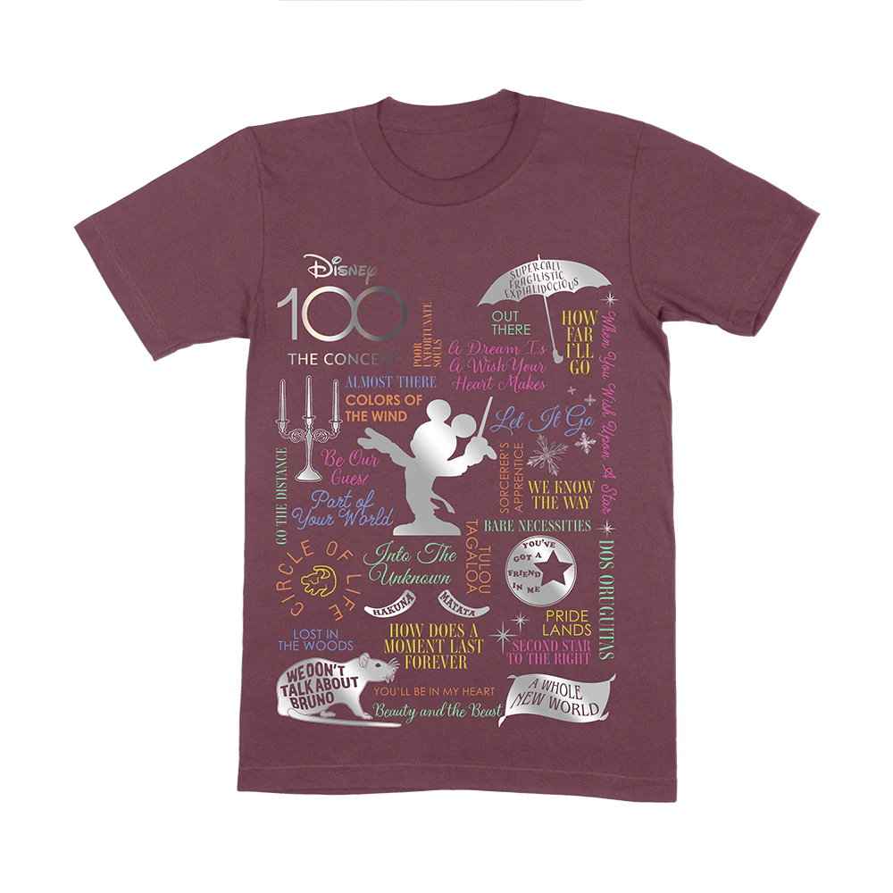 Disney 100 - The Concert - Maroon 'Songlist Graphic' Kids T-Shirt